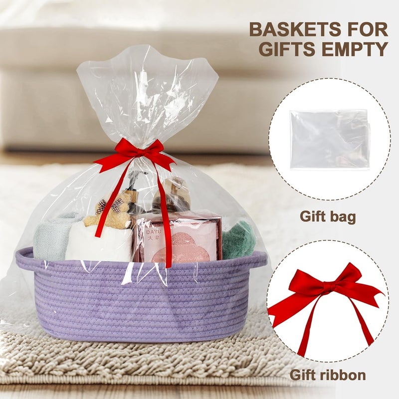 WILLITAT Small Baskets for Gifts Empty, 13"x 9"x 5" Woven Gift Basket with Bag and Ribbon, Cotton Rope Kids Dog Cat Toy Bin Box, Cute Baby Nursery Organizer, Decorative Storage with Handles,Purple - Image 3